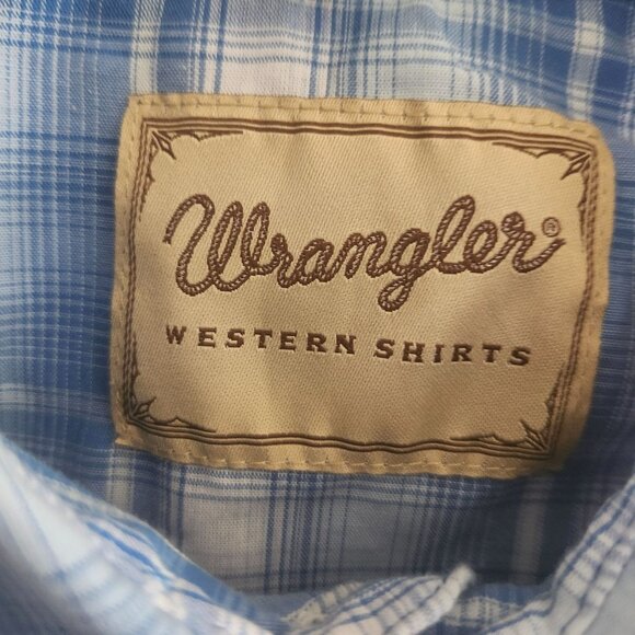 Large Wrangler Mens Western Blue Plaid Short Sleeve Shirt Pearl Snap Buttons - Picture 2 of 12